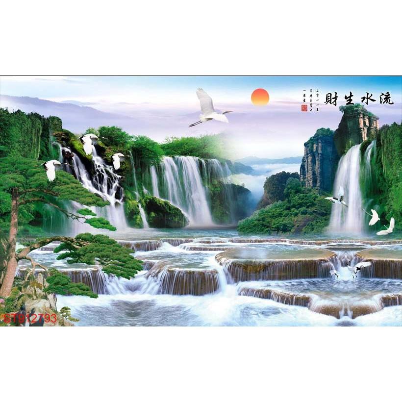 Tranh dán tường 3D thác nước sơn thủy
