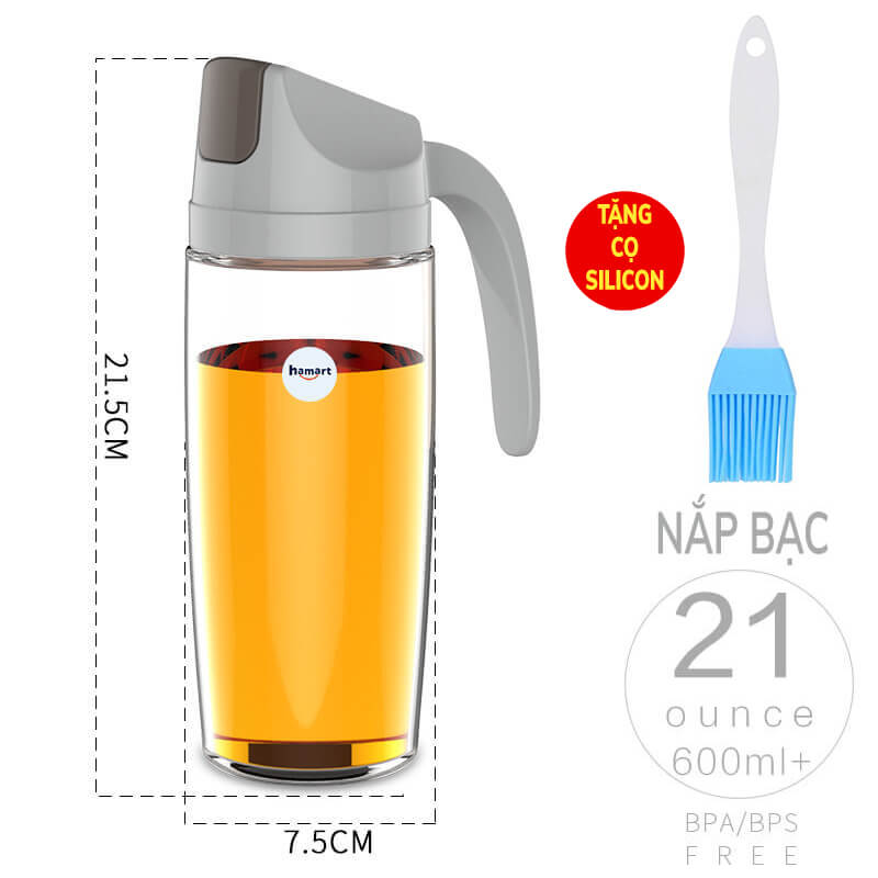 Bình Đựng Dầu Ăn Nắp Tự Động 600ml Lọ Chiết Dầu Ăn Thuỷ Tinh Đa Năng Cao Cấp TẶNG CỌ QUÉT DẦU