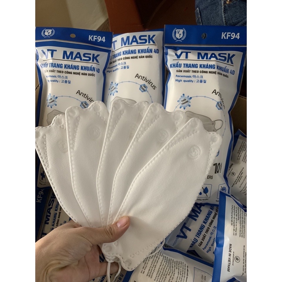 Sét 10 túi ( 100 cái ) khẩu trang 4D VT MASK KF94 , công nghệ dập Hàn , thiết kế ôm sát , dây đeo đàn hồi cao , bộ lọc 4 lớp