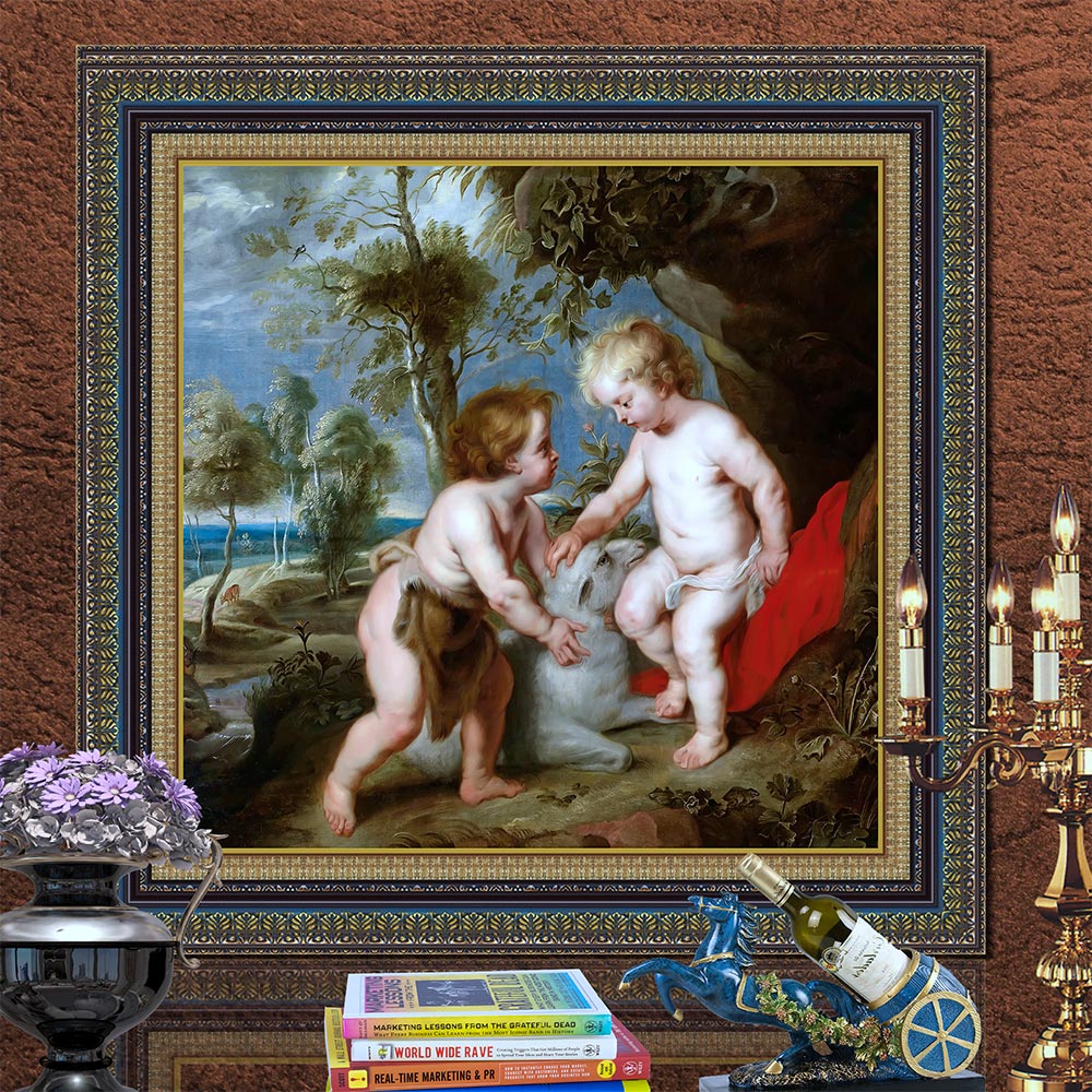 Tranh treo tường Châu âu trang trí phòng khách, phòng ngủ. Bức tranh "The Christ child and boy John - Chúa hài đồng và cậu bé John". MS: 1343