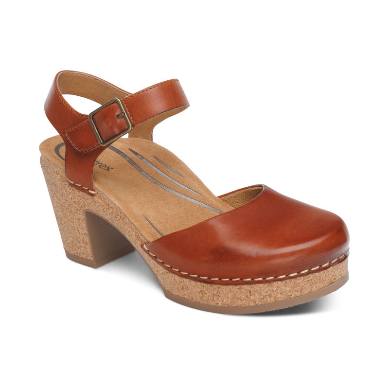 Sandal cao gót sức khỏe nữ Aetrex Finley Cognac - giày cao gót bít mũi đệm da mềm