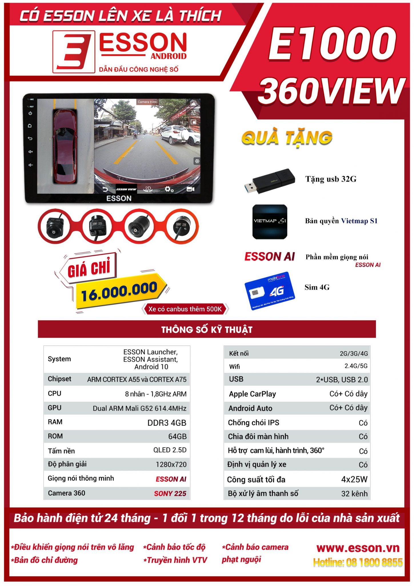 Màn hình cho xe ô tô ANDROID ESSON E1000 360 VIEW - MMKauto
