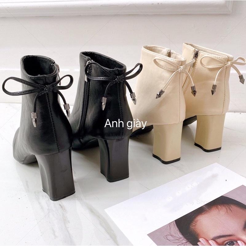 B45 - Bốt mũi vuông da lì khoá cạnh gót trụ 7p nơ nhỏ