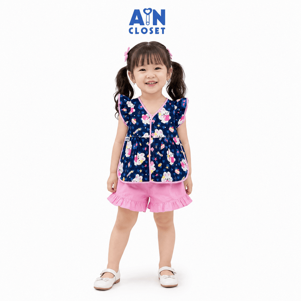 Bộ quần áo Ngắn bé gái họa tiết Kẹo Thỏ Hồng Xanh Cotton - AICDBGEC4B6I - AIN Closet