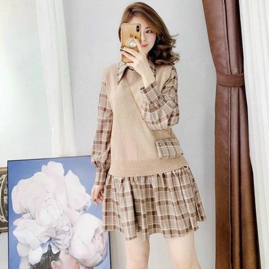 Đầm caro tặng kèm túi vải hàng xưởng Việt Nam