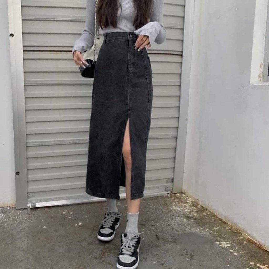 Chân Váy Jeans Nữ Cúc Lệch Xẻ Tà Cạp Cao Dáng Dài 3 Màu Full Size