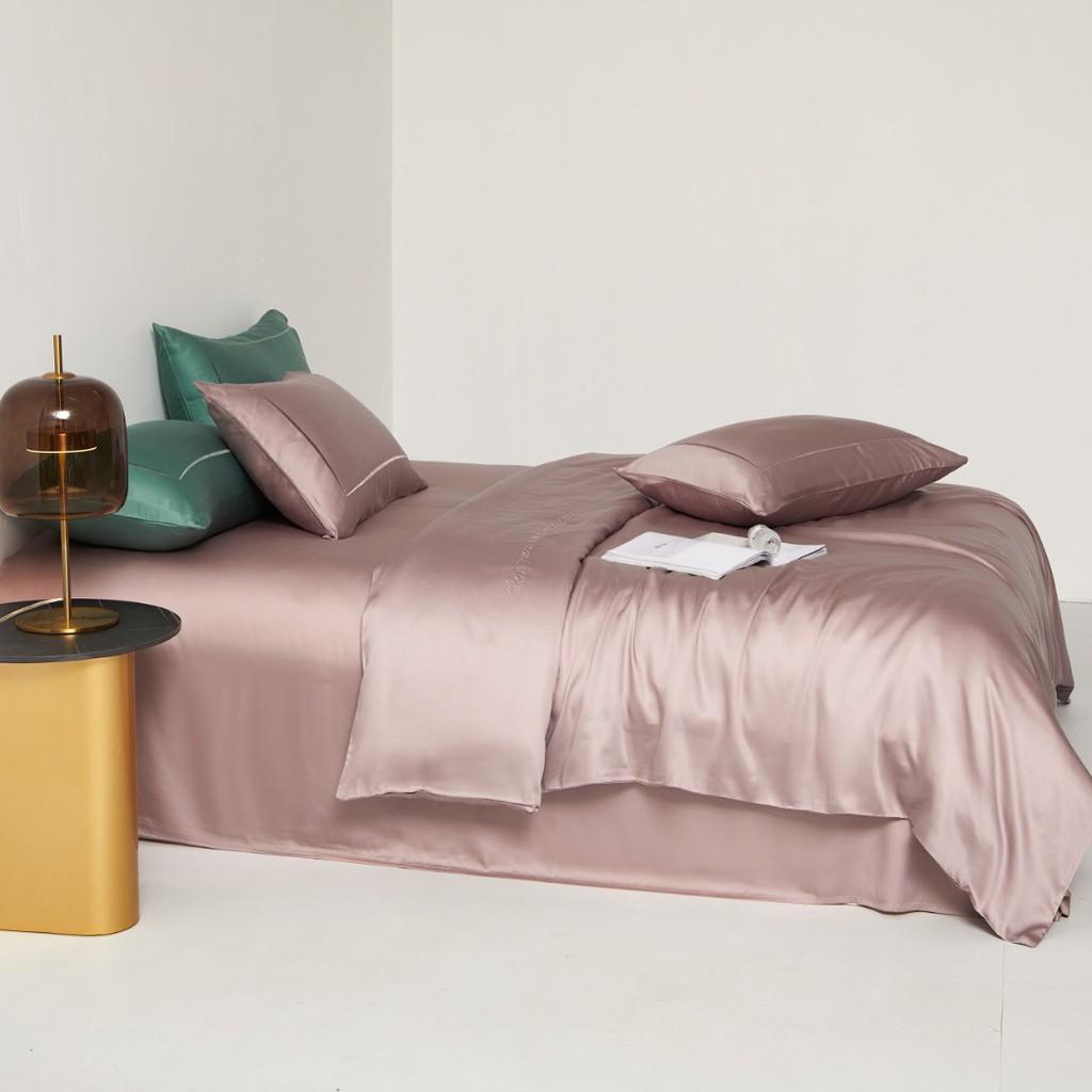 Bộ chăn ga gối cao cấp 100%Tencel 100s, Hồng thêu phối đẳng cấp, chất liệu siêu mềm mát mịn