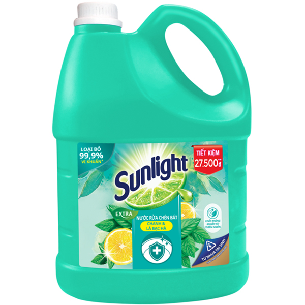 Nước Rửa Chén Bát Sunlight Diệt Khuẩn Chiết xuất Chanh và Lá Bạc Hà 3.6kg