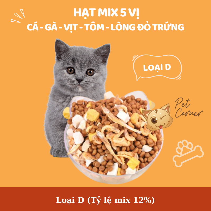 Hạt mix cao cấp cho mèo trộn thịt bò, gà, tôm, cá, lòng đỏ trứng, rau củ quả - Thức ăn hạt cho mèo kén ăn