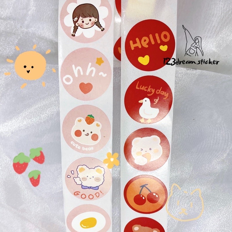 Cuộn 500 tem nhãn dán sticker thỏ hồng size 2.5cm / Ảnh thật