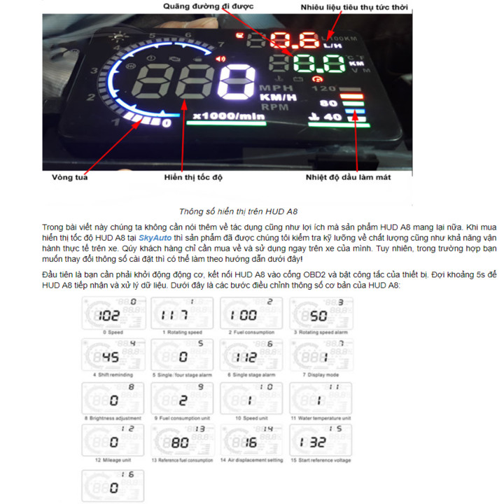 Thiết bị hiển thị tốc độ HUD trên kính lái HUD A8: Hiển thị Tốc độ vòng quay động cơ, Hiển thị trực tiếp tốc độ xe chạy, Nhiệt độ nước làm mát, Hiện thị đơn vị tiêu thụ nhiên liệu,...