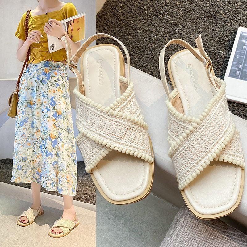 Giày Sandal Nữ Đế Bằng Mũi Vuông Thiết Kế Quai Chéo Thoải Mái Thời Trang Hàn Quốc Đi Làm, Đi Chơi