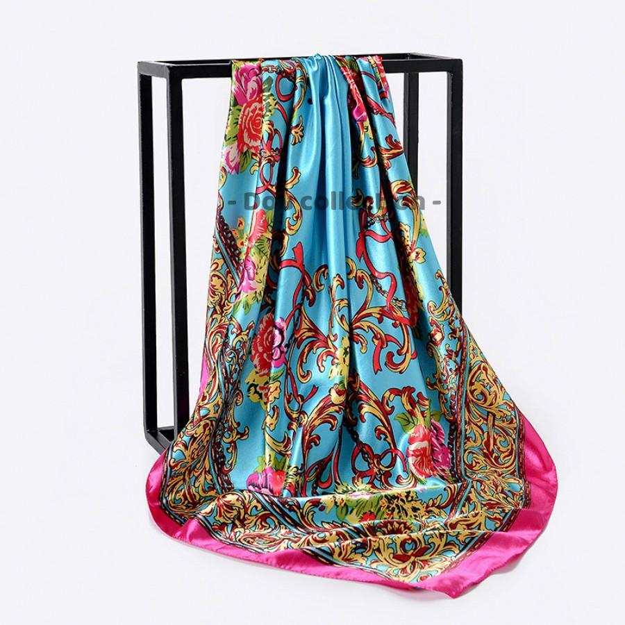 Khăn Lụa Vuông Yếm, Quàng Đầu Hotrend Hình Hoa Hồng - Chất Liệu Satin - 90x90cm - Mã KL047