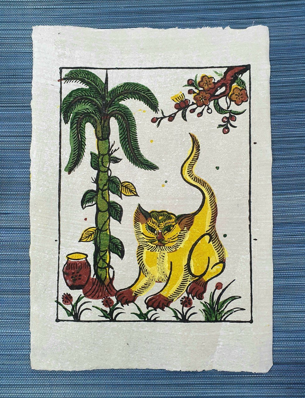 Tranh Đông Hồ Con mèo (Mèo bên cây cau) - Tranh thủ công dân gian