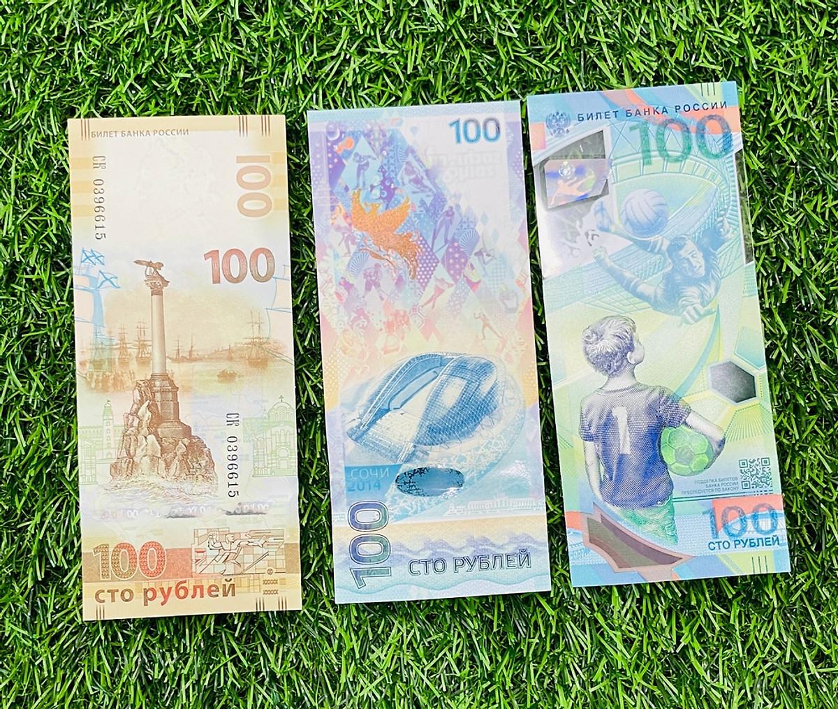 Combo 3 tờ tiền Nga 100 Rúp kỷ niệm Olympic và World Cup, mới 100%, tặng phơi nilon bảo quản