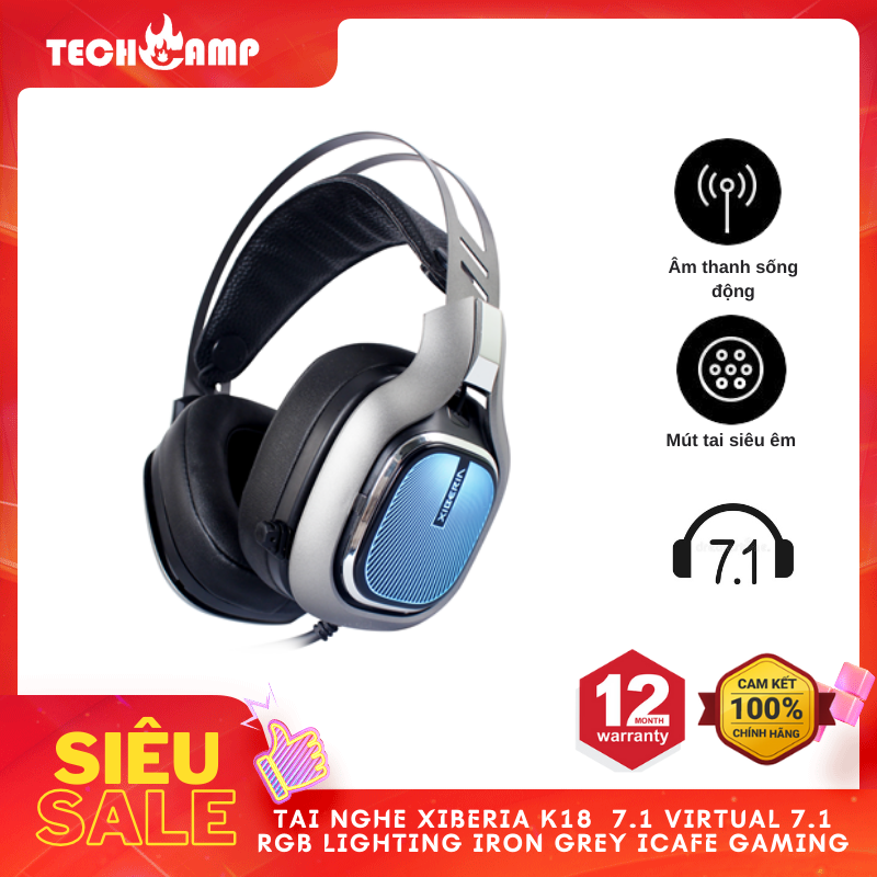 Tai Nghe XIBERIA K18 7.1 Virtual 7.1 RGB Lighting IRON GREY ICAFE GAMING - Hàng chính hãng