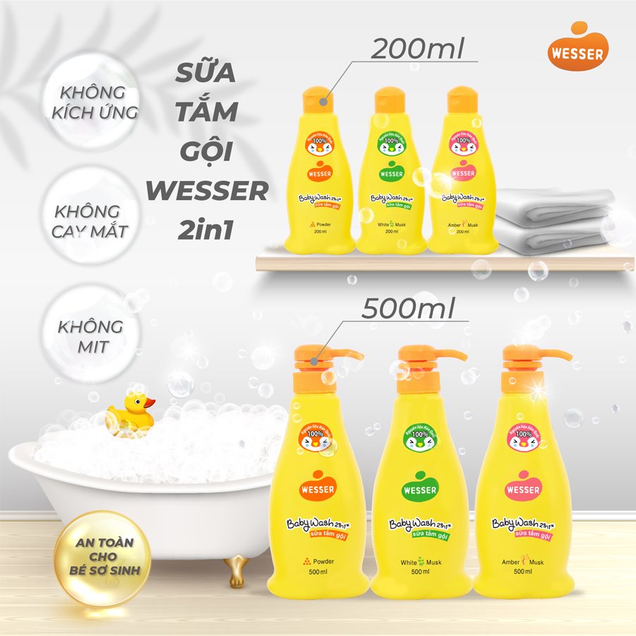 Bộ 3 Chai Sữa Tắm Gội Wesser 2in1 - Tặng Kèm 1 Khăn Tắm Unmei In Hình Ngộ Nghĩnh
