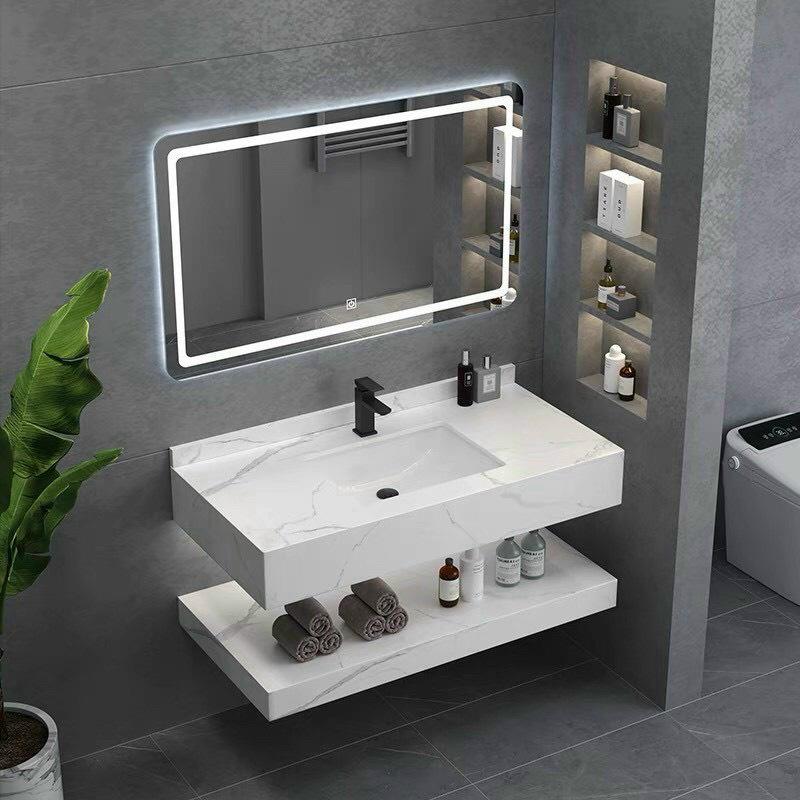 TỦ LAVABO MẶT ĐÁ CÓ VÂN + GƯƠNG LED