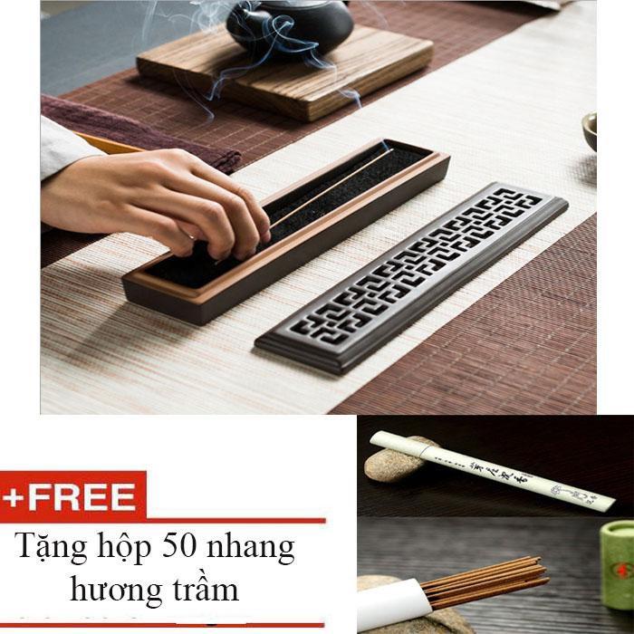 Hộp gỗ đốt hương nhang Trầm + tặng hộp 50 nhang