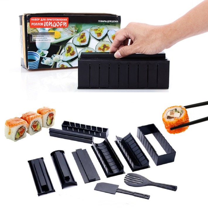 Bộ khuôn làm sushi+ Tặng kèm dụng cụ làm sushi bằng gỗ- Bộ khuôn làm sushi kimbap, cơm cuộn, trứng cuộn