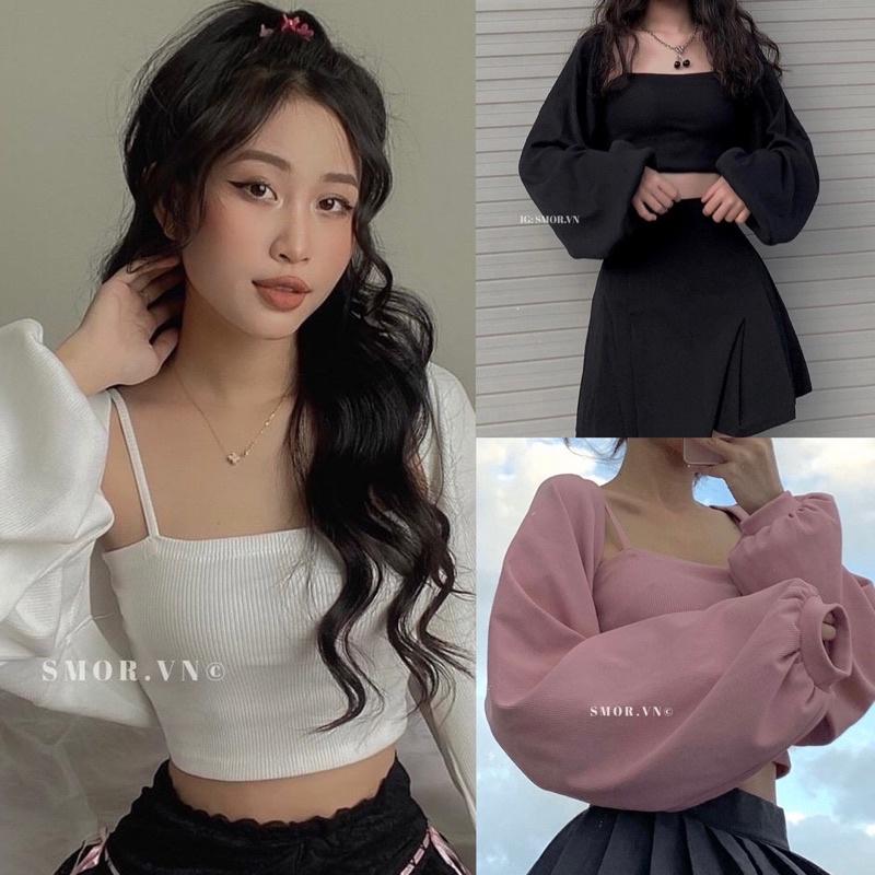 Set áo hai dây kèm với áo khoác croptop