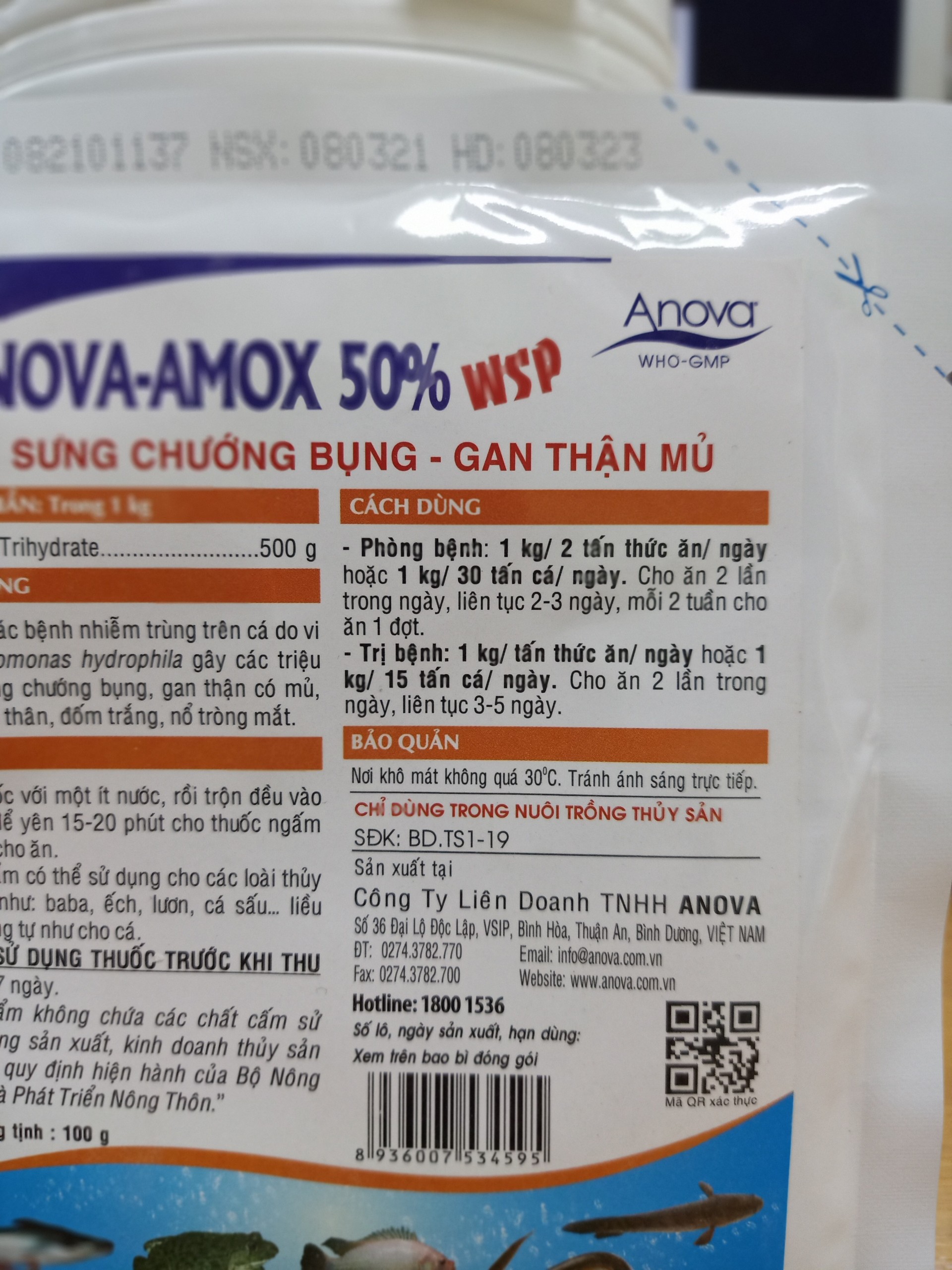 Nova Amox 50% WSP Sưng Chướng Bụng, Gan Thận Mủ, Đốm Trắng, Nổ Tròng Mắt Ở Cá, Ếch, Lươn (Gói 100g)