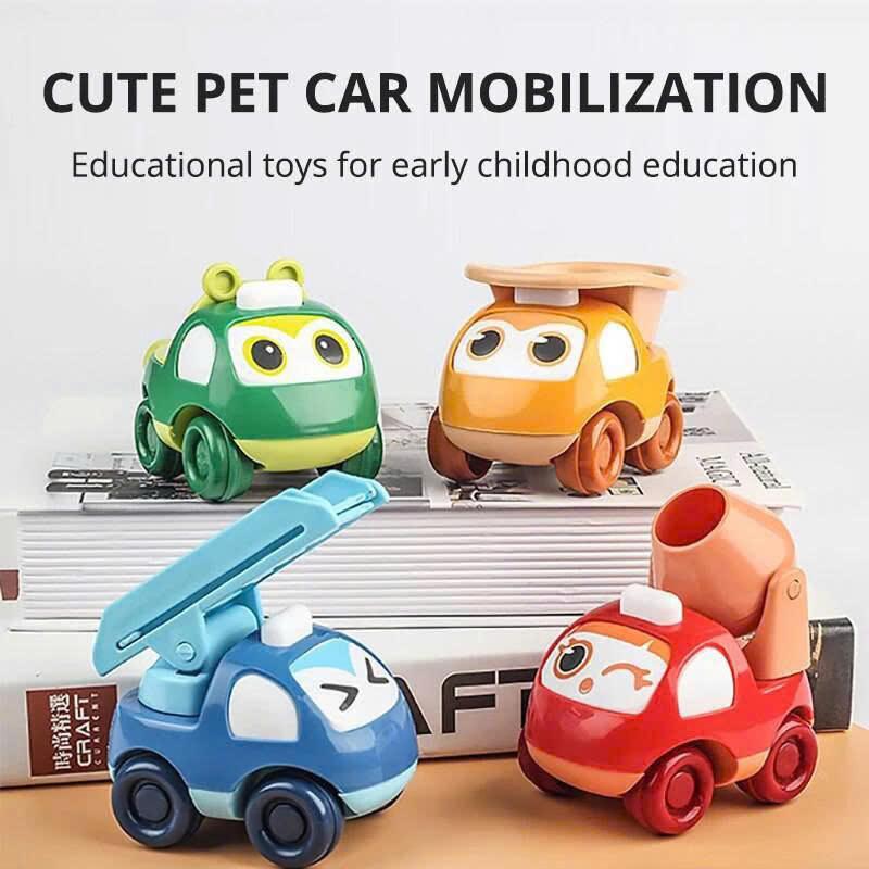 Set 4 ô tô quán tính mi ni dây cót hoạt hình mô tả xe công trình, xe kỹ thuật, xe thang, xe cứu hộ