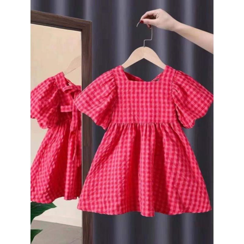 Váy bé gái- váy kẻ hồng đậm 2 nơ lưng