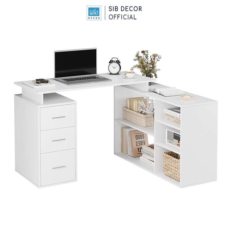 Bàn Làm Việc Góc Chữ L Có 3 Ngăn Kéo Màu Trắng BLV85 Thương Hiệu SIB Decor