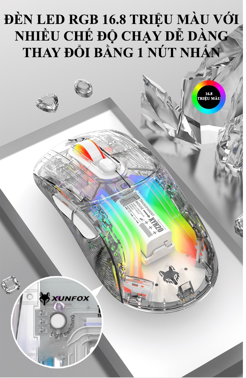 Chuột không dây XUNFOX XYH20 3 chế độ kết nối với thiết kế trong suốt mới lạ kèm theo nhiều chế độ đèn led RGB - HN - HÀNG CHÍNH HÃNG