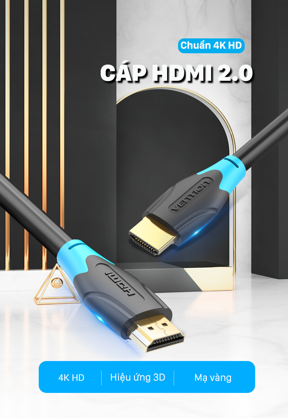 Cáp HDMI chuẩn 2.0 chất lượng  4K 60Hz Vention dây cáp HDMI tốc độ cao chuyên dụng dành cho 1080P 3D TV LCD/màn hình máy chiếu PS4/Xbox/Máy tính/Laptop - Hàng chính hãng