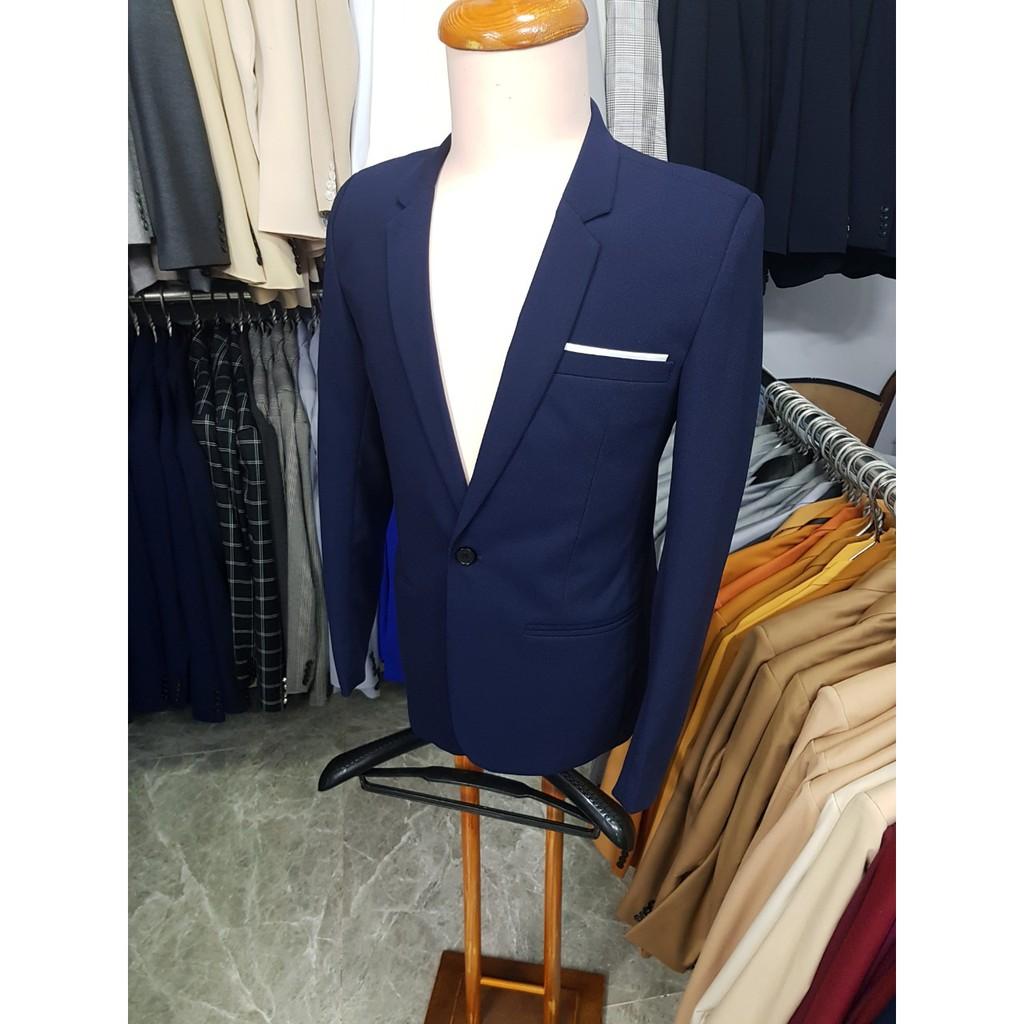 Bộ vest nam màu xanh đen sáng form ôm body chất vải dày mịn co giãn