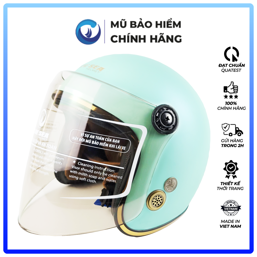 Mũ Bảo Hiểm 3/4 Blue Sea  - Màu Xanh Ngọc -   Sơn Bóng Có Kính Chắn Gió Cao Cấp