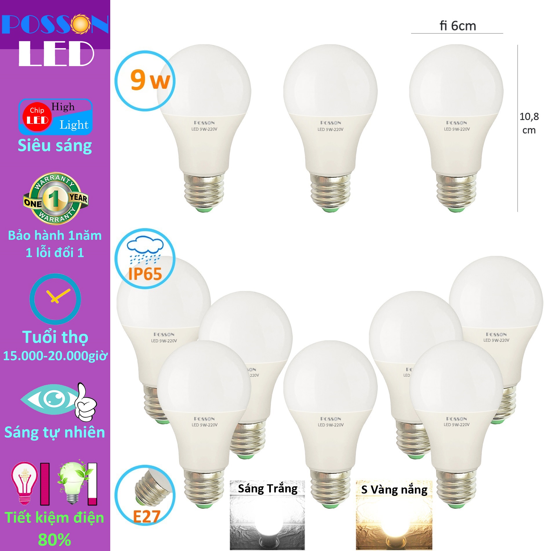 10 Bóng đèn Led 9w 10w bup tròn A60 tiết kiệm điện thân kín chống nước mưa Posson LB-9x