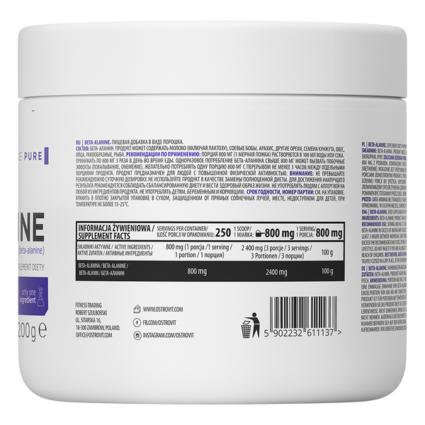 [Chính hãng] Thực phẩm bổ sung Ostrovit Beta Alanine (200g) Không mùi | Nhập khẩu Ba Lan