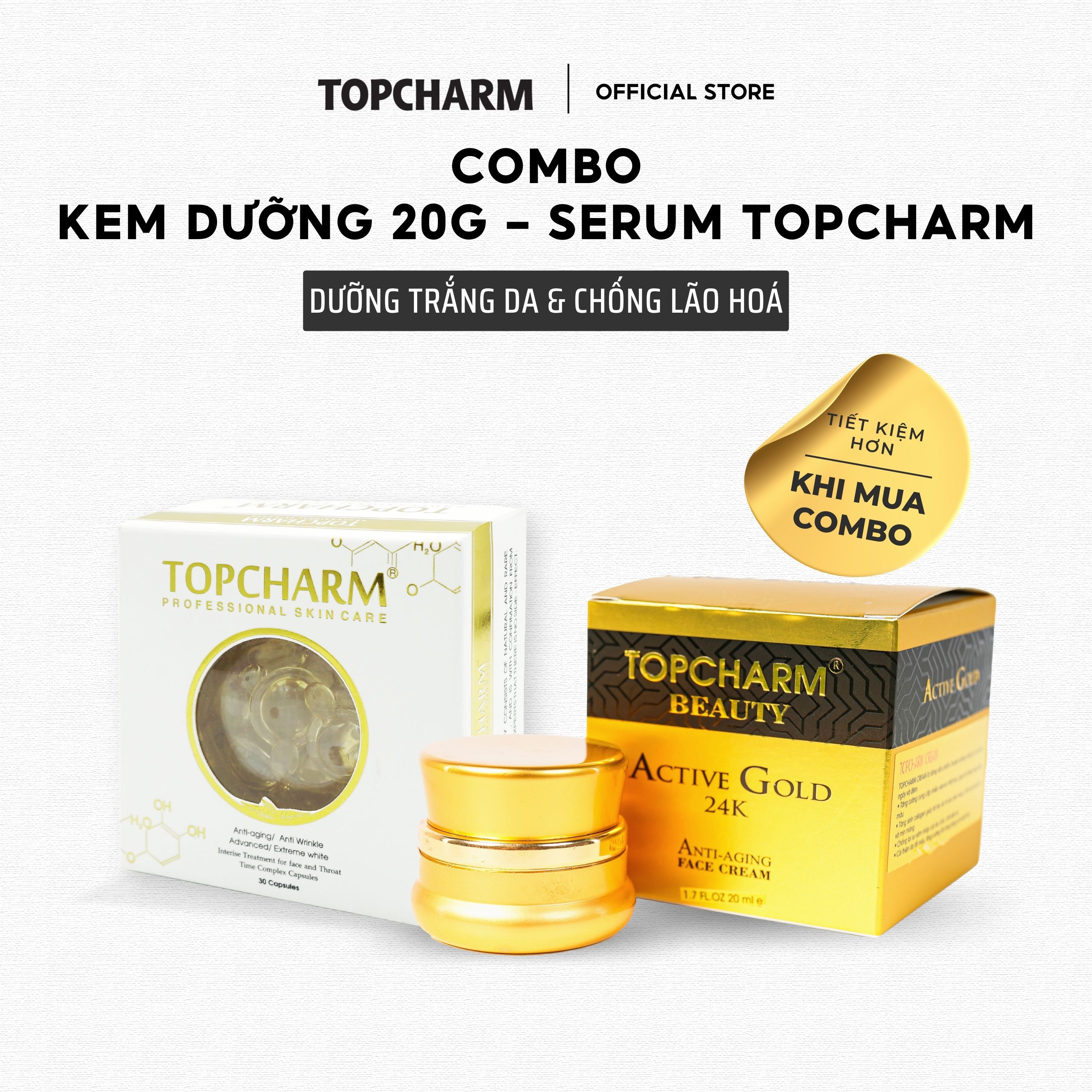 Combo kem dưỡng và serum tái tạo, săn chắc trẻ hóa, dưỡng da trắng hồng Topcharm (hàng cao cấp)