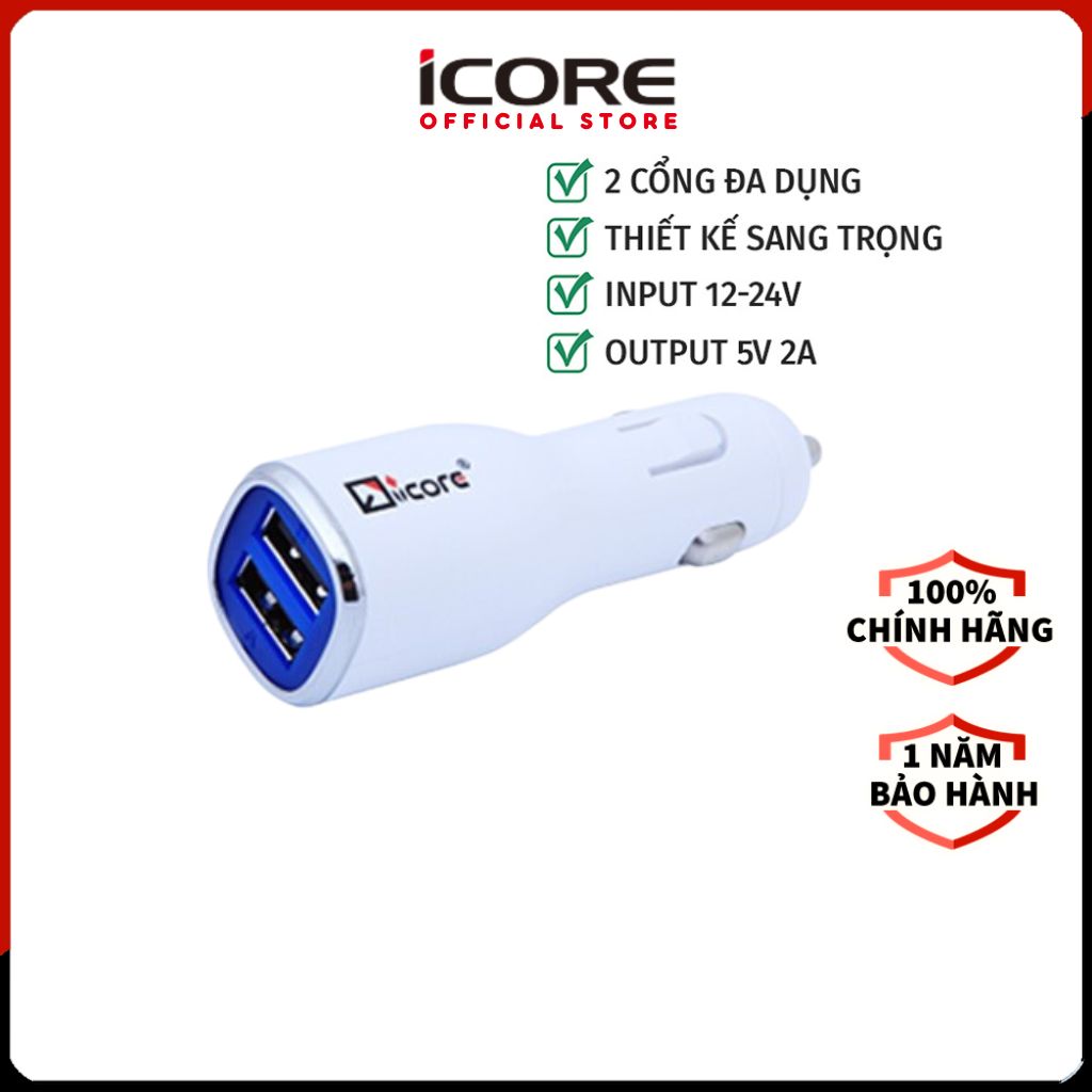 Sạc Xe Hơi iCORE IC-UCC200 2 Cổng USB - Hàng Chính Hãng