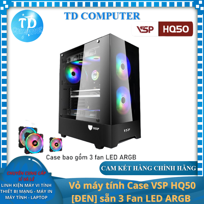 Vỏ máy tính Case VSP HQ50 [ĐEN] sẵn 3 Fan LED ARGB Gaming Kính cường lực (ATX, Micro-ATX, ITX) - Hàng chính hãng Tech Vision phân phối