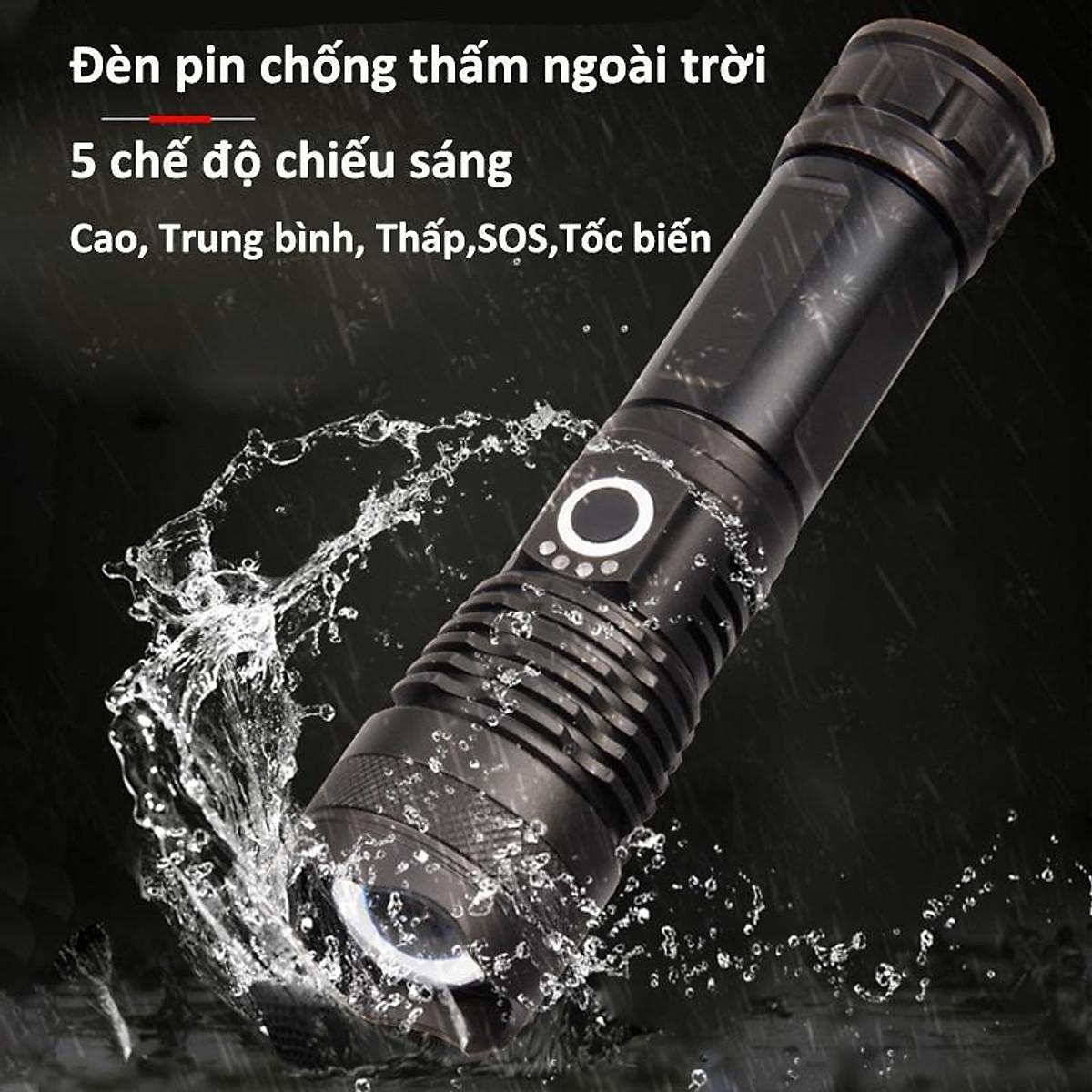 Đèn pin siêu sáng XHP50 bản cao cấp đèn led chiếu xa chống nước, chiếu xa 300m, sạc pin tiện lợi Độ sáng 1800 lumens