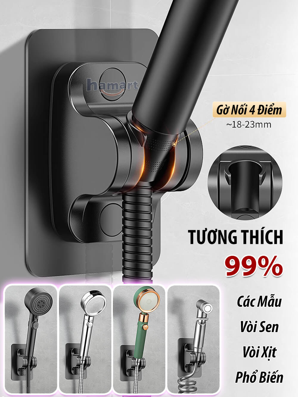 Giá Đỡ Vòi Hoa Sen Dán Tường Đế Góc Nghiêng 120º Móc Treo Vòi Xịt Nhà Tắm Siêu Dính Hamart