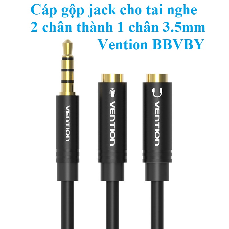 Cáp gộp jack cho tai nghe 2 chân 3.5mm thành 1 chân 3.5mm để dùng với điện thoại,máy tính bảng Vention BBVBY - Hàng chính hãng