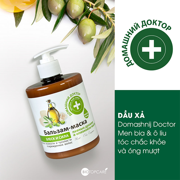 Dầu xả Domashnij Doctor men bia và dầu ô liu  giúp tóc óng mượt, chắc khỏe 500ml