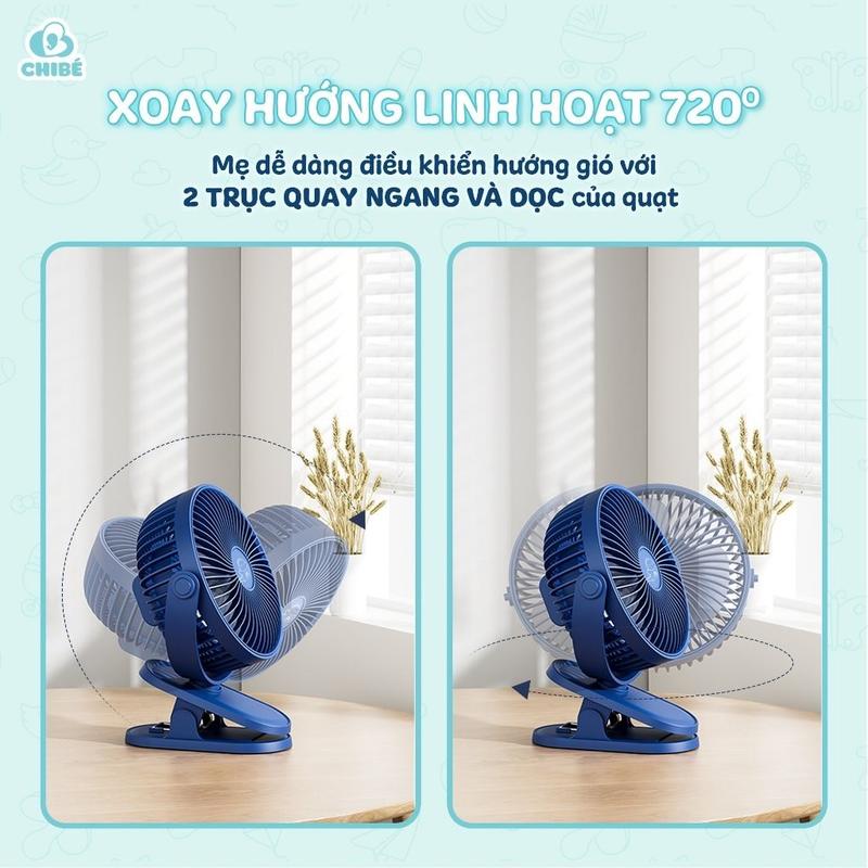 Quạt tích điện mini Chibe - Quạt kẹp xe đẩy cho bé siêu mát xoay 720 độ Hàng Chính Hãng