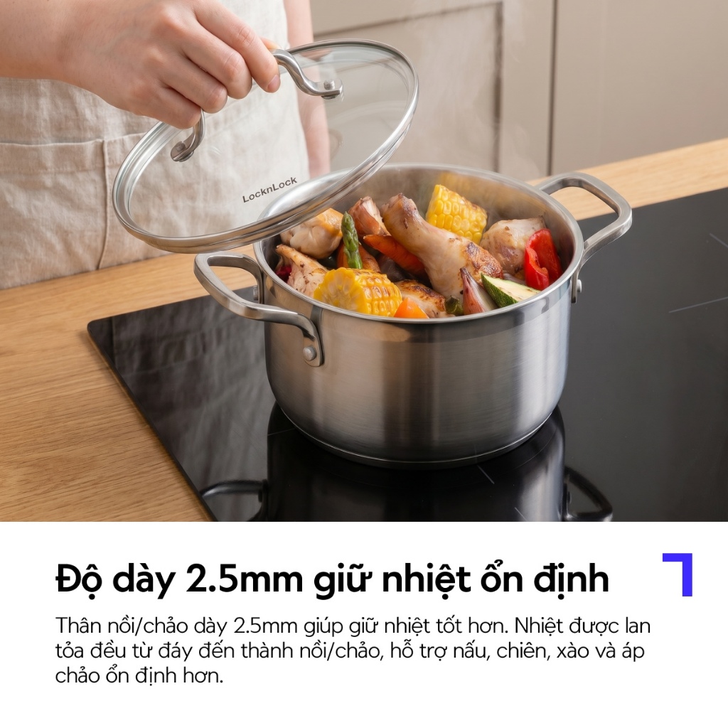 Nồi, Chảo inox304 LocknLock Eleve tay cầm đúc nguyên khối nhiều kích thước, dùng được bếp từ, Hàng Chính Hãng - JoyMall