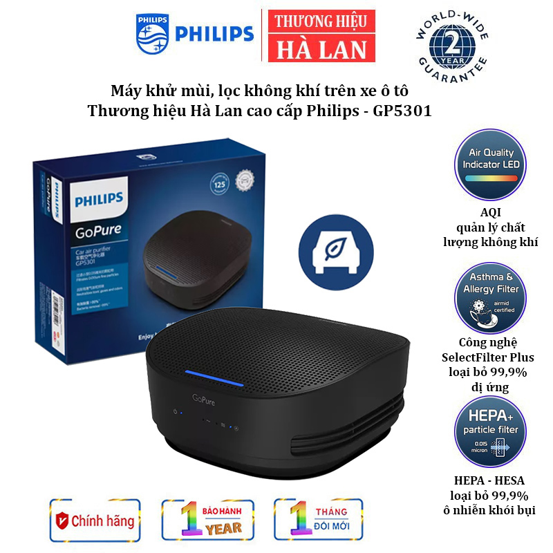 Máy khử mùi, lọc không khí trên xe ô tô Philips GP5301 - Cảm biến chất lượng không khí: 3 màu AQI  - HÀNG NHẬP KHẨU