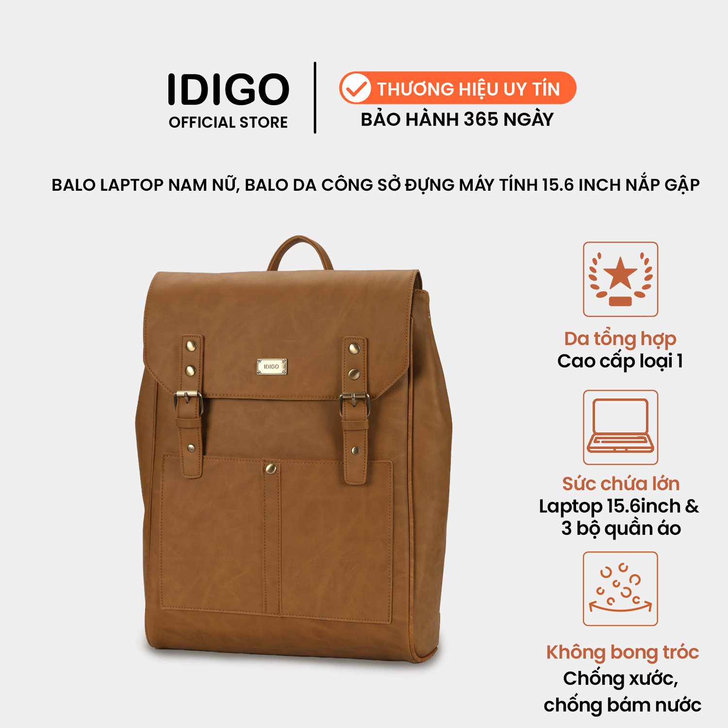 Balo laptop nam nữ, balo da công sở đựng máy tính 15.6 inch nắp gập IDIGO UBP2 - 6031