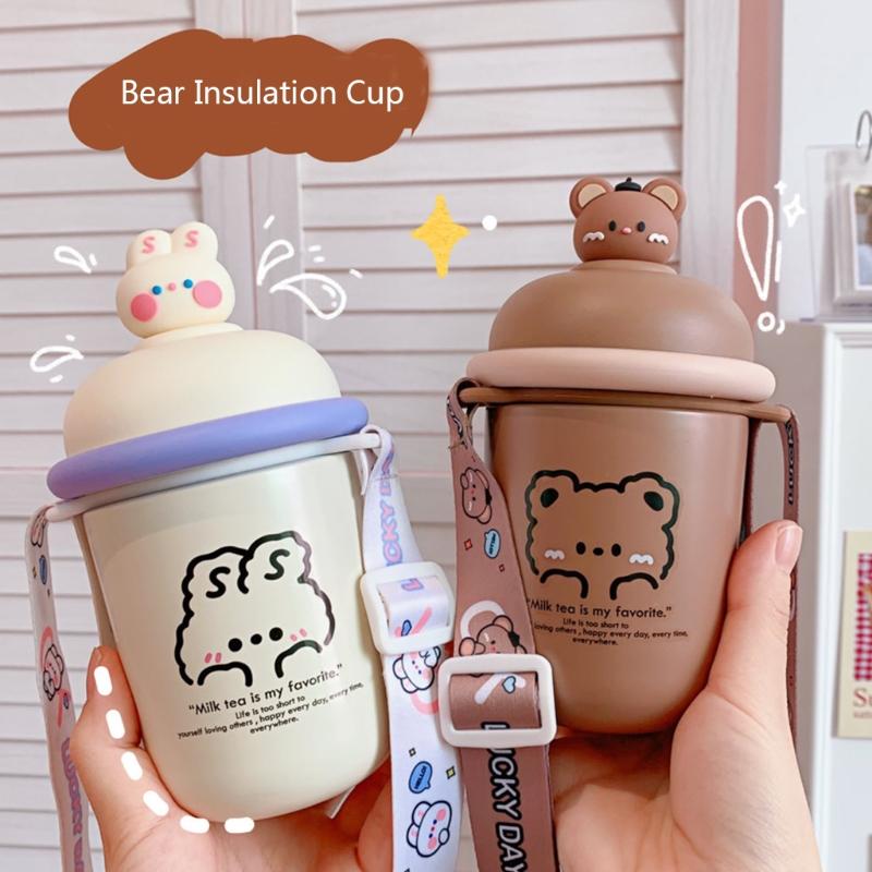 Động Vật Đáng Yêu Nước Thời Trang Trẻ Em Học Giữ Nhiệt Cốc Tập Uống Có Di Động Dây Đeo Vai Thép Không Gỉ Cốc - one