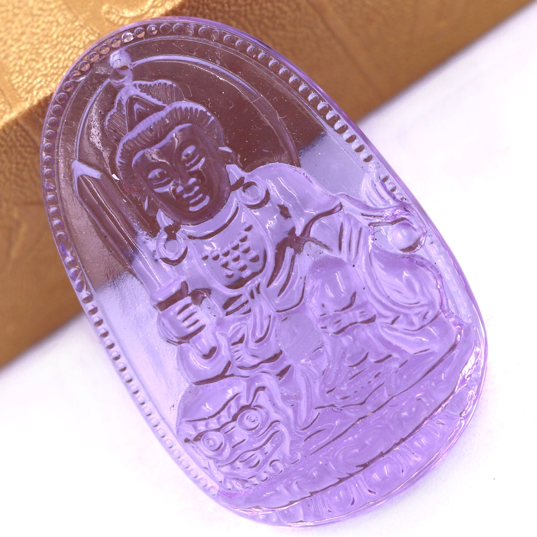 Mặt Phật Văn thù 5 cm  pha lê tím kèm móc và dây chuyền inox, Mặt Phật bản mệnh