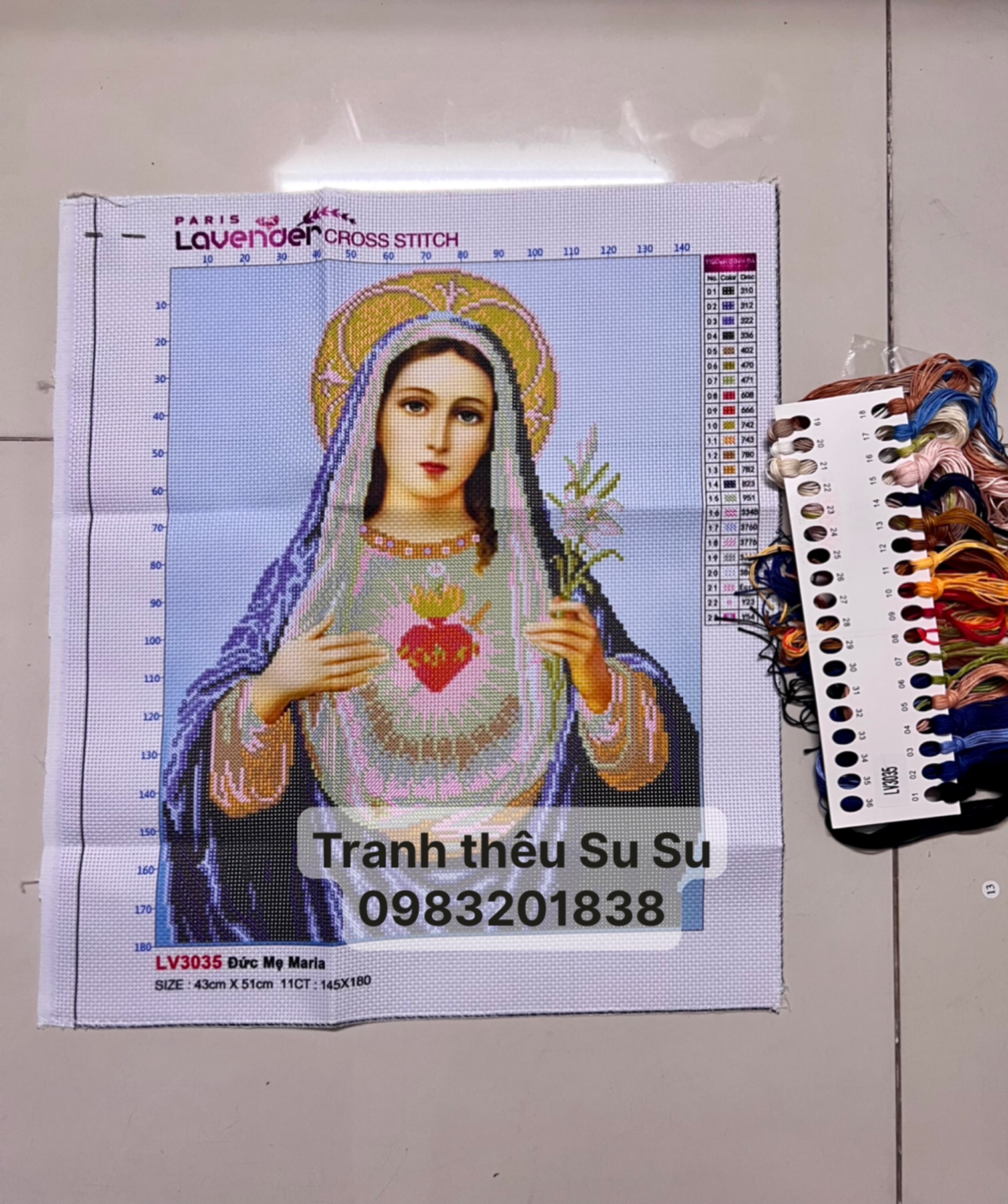 Tranh thêu chữ thập Đức mẹ LV3035, kích thước 43 x 51 cm