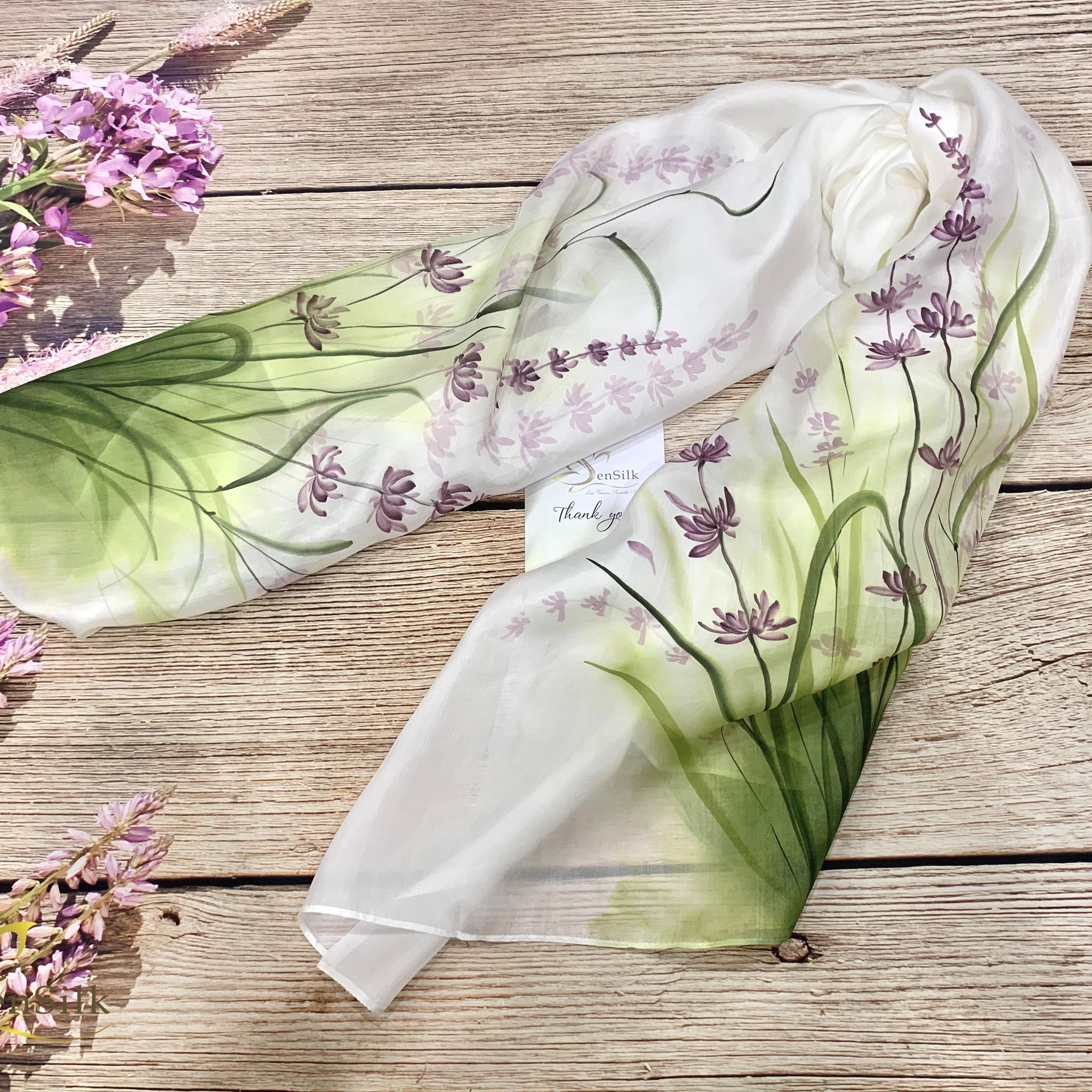 Hand Painted Silk Scarf - Khăn Lụa Cao Cấp Vẽ Tay Hoa Oải Hương SenSilk 160x55cm, Quà Việt Nam Tặng Khách Nước Ngoài